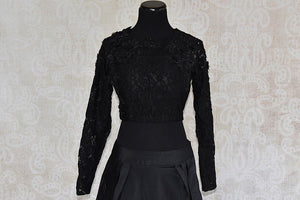 Buy this classy IndoWestern outfit combo of black lace top with long black skirt from Pure elegance store, NJ. Great choice for parties and formal evenings-Lace Top