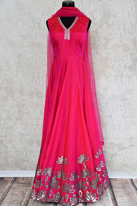 Pink Silk Anarkali suit with applique work on ghera and stone work on neckline. Modern classy suit.-full view