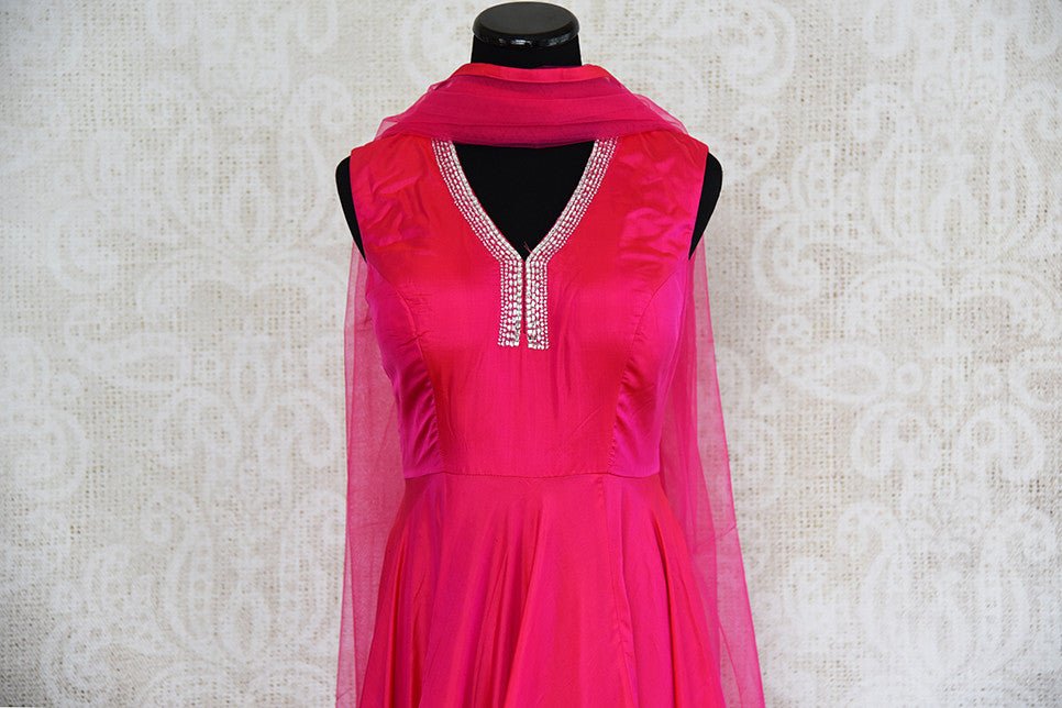 Pink Silk Anarkali suit with applique work on ghera and stone work on neckline. Modern classy suit.-stone work