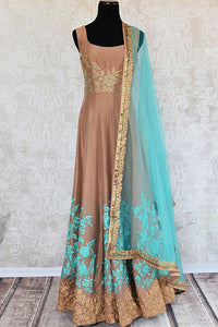 Brown chanderi anarkali suit with turquoise thread embroidery available at Indian women clothing store pure elegance in USA. Perfect party suit for weddings -Full view