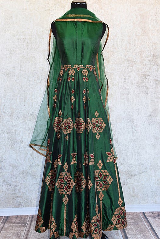 Graceful green with classy gold applique work anarkali. Perfect party wear suit in Indian wedding functions.-Full view