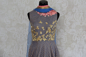 Blue chanderi silk anarkali with thread embroidery on bodice. Perfect elegant and classy dress for parties.- embroidery