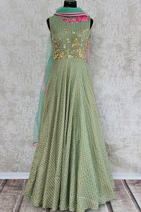 Green chanderi silk anarkali with thread embroidery on bodice. Perfect elegant and classy dress for parties.-full view