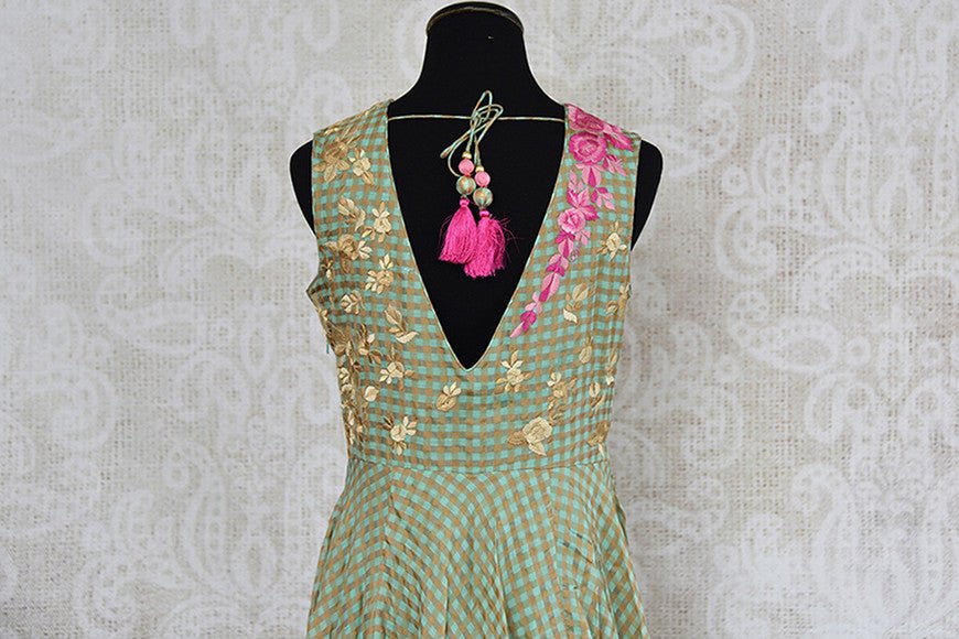 Green chanderi silk anarkali with thread embroidery on bodice. Perfect elegant and classy dress for parties.-back