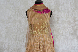 Brown chanderi silk anarkali with thread embroidery on bodice. Perfect elegant and classy dress for parties.- top view