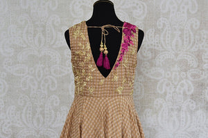 Brown chanderi silk anarkali with thread embroidery on bodice. Perfect elegant and classy dress for parties.-back view