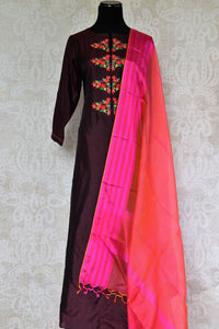 Buy Elegant Maroon Silk Suit with Pink Dupatta online from Pure Elegance Store. Exquisite collection of ethnic Indian Salwar Kameez, Churidar Suits online in USA.-full view