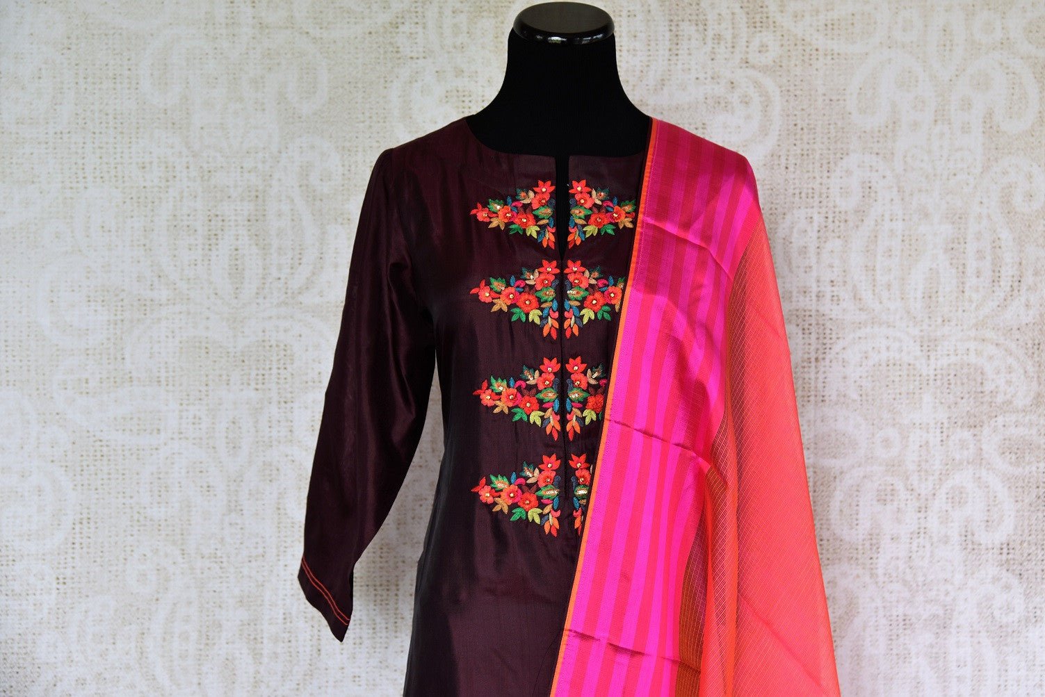 Buy Elegant Maroon Silk Suit with Pink Dupatta online from Pure Elegance Store. Exquisite collection of ethnic Indian Salwar Kameez, Churidar Suits online in USA.-front