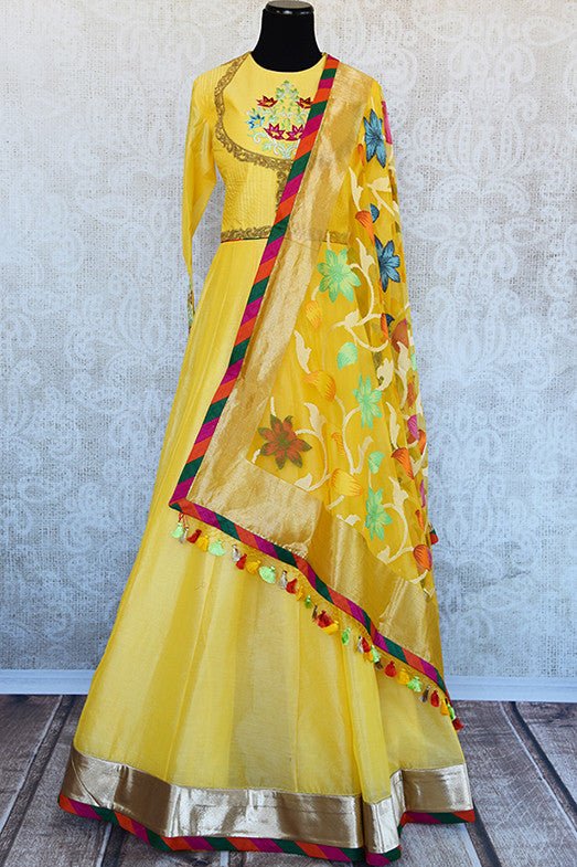 Indian bright yellow floor length thread embroidered anarkali with beautiful floral weaved dupatta. Perfect in wedding events.-Full View