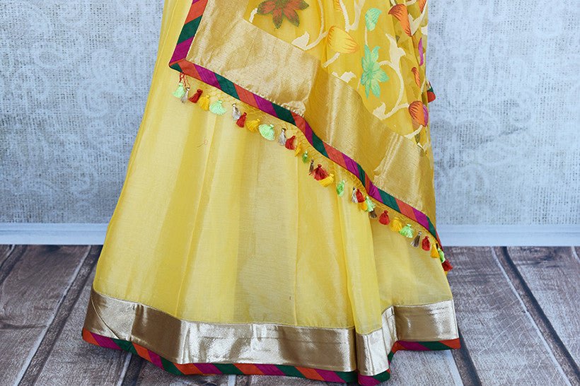 Indian bright yellow floor length thread embroidered anarkali with beautiful floral weaved dupatta. Perfect in wedding events.-floor length