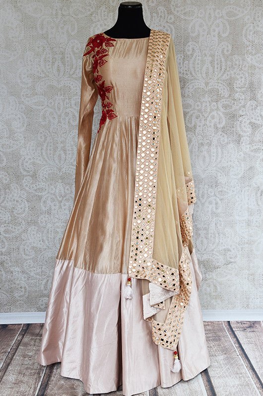 Beige silk suit with beautiful red thread embroidery on front and back and full mirror work dupatta.-Full view