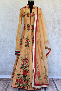 Brown chanderi thread work embroidery anarkali suit. Perfect party wear suit in Indian events and festivals.-full view