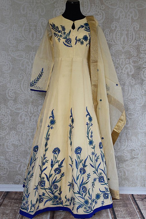Chanderi suit with blue embroidery embellishment . Perfect Indian party wear and good for puja and festivals.- full view