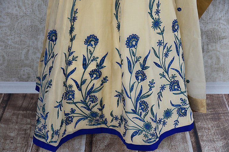 Chanderi suit with blue embroidery embellishment . Perfect Indian party wear and good for puja and festivals.- thread work embroidery