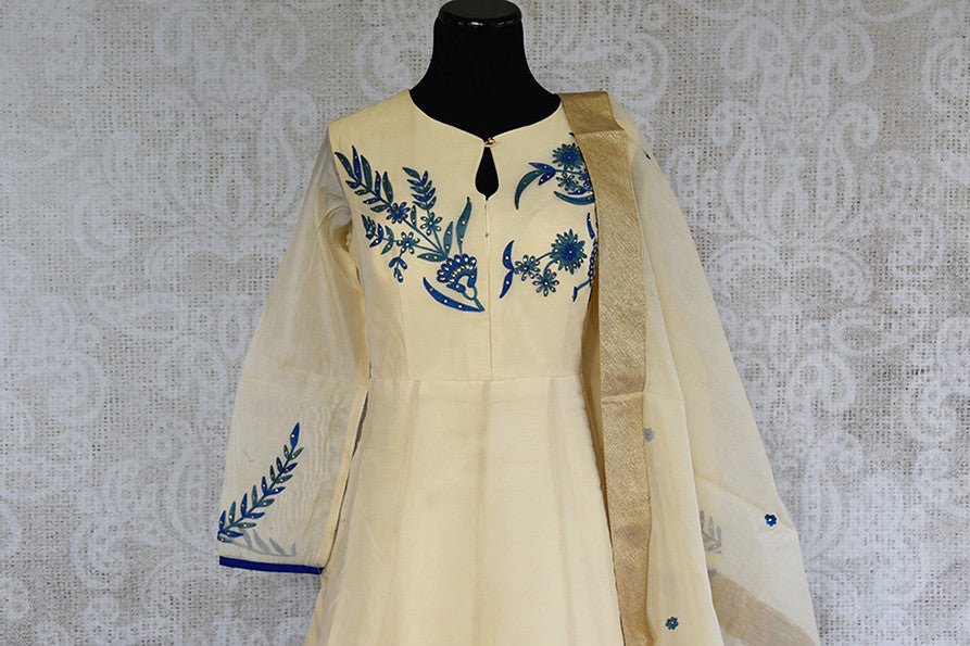 Chanderi suit with blue embroidery embellishment . Perfect Indian party wear and good for puja and festivals.-front
