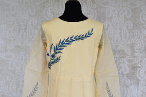 Chanderi suit with blue embroidery embellishment . Perfect Indian party wear and good for puja and festivals.-back