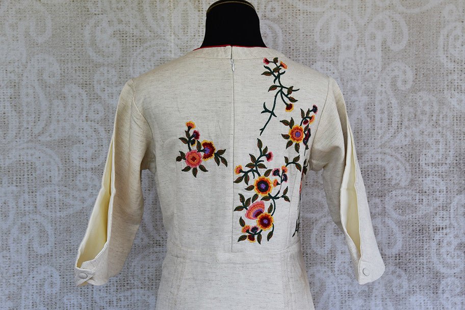 501482  White Linen Cotton Floor Length Thread Work Embroidered Anarkali