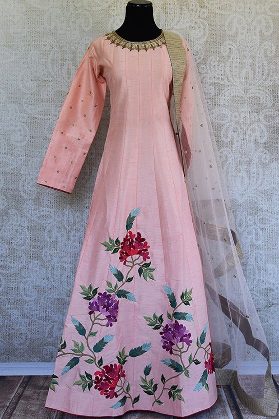 Pink floor length embroidered anarkali suit with net dupatta. Gorgeous suit for festivals and Indian events.-full view