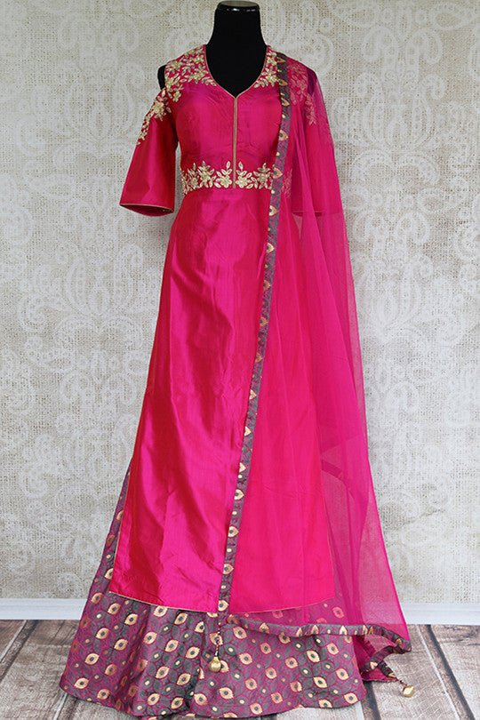 Pink designer silk straight suit with cold shoulder sleeve and it comes with banarasi palazzo pants and net dupatta.-full view