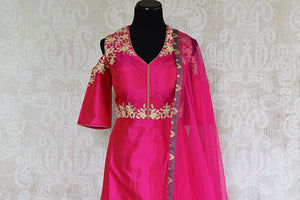 Pink designer silk straight suit with cold shoulder sleeve and it comes with banarasi palazzo pants and net dupatta.-silk with embroidery