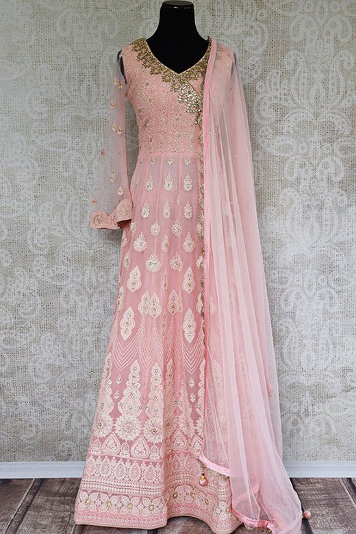 Pink Embroidered gotta Patti work anarkali suit. Elegant and classic suit for festivals.-full view
