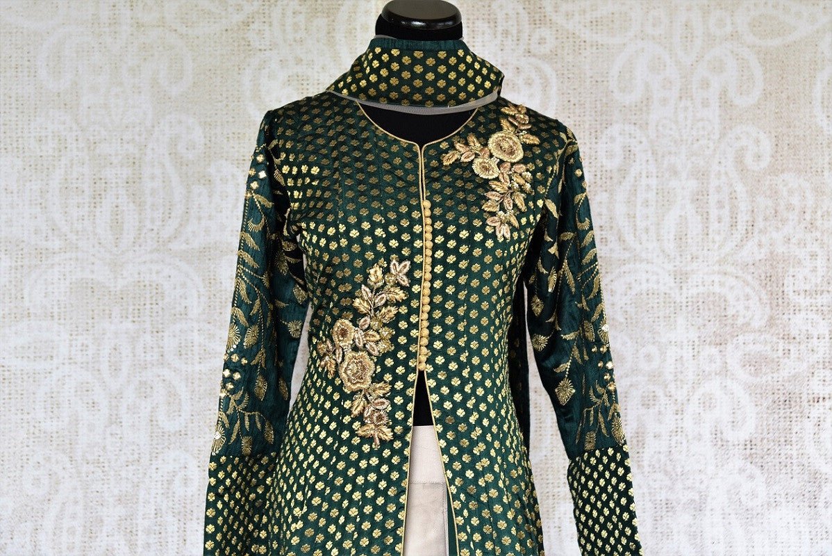 Buy online designer Green Embroidered Banarasi Kurta with Skirt.  Pure Elegance brings exquisite collection of Indowestern clothing online for Indian women.-top
