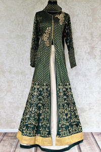 Buy online designer Green Embroidered Banarasi Kurta with Skirt.  Pure Elegance brings exquisite collection of Indowestern clothing online for Indian women.-full view