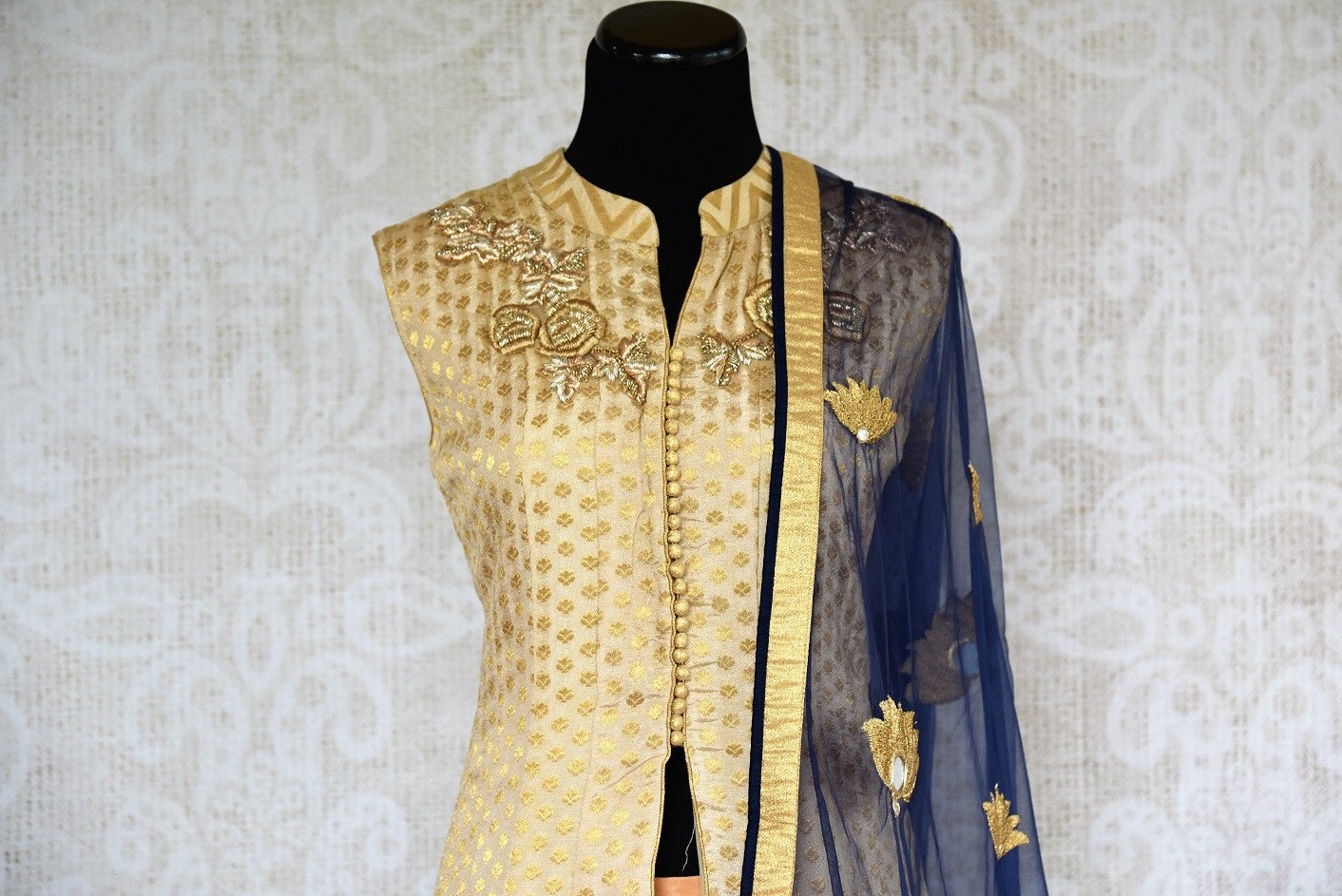 Buy online designer beige and blue embroidered Banarasi kurta with skirt.  Pure Elegance brings exquisite range of latest Indian dresses online for women in USA.-top