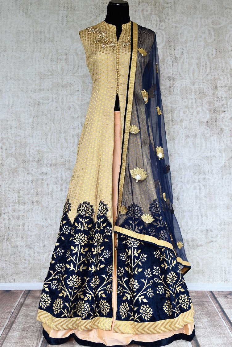 Buy online designer beige and blue embroidered Banarasi kurta with skirt.  Pure Elegance brings exquisite range of latest Indian dresses online for women in USA.-full view