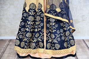 Buy online designer beige and blue embroidered Banarasi kurta with skirt.  Pure Elegance brings exquisite range of latest Indian dresses online for women in USA.-skirt