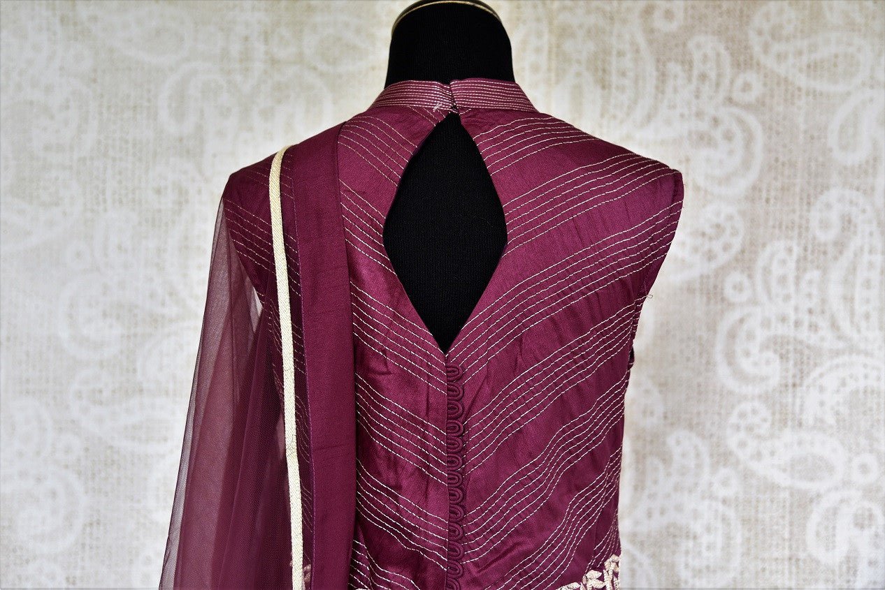 Buy designer purple cotton silk floor length Anarkali suit online with embroidery.  Pure Elegance presents stylish Indian Anarkali dresses online & in store.-back