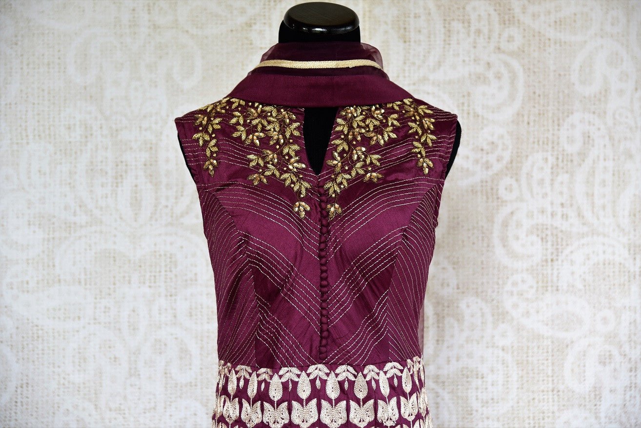 Buy designer purple cotton silk floor length Anarkali suit online with embroidery.  Pure Elegance presents stylish Indian Anarkali dresses online & in store.-front
