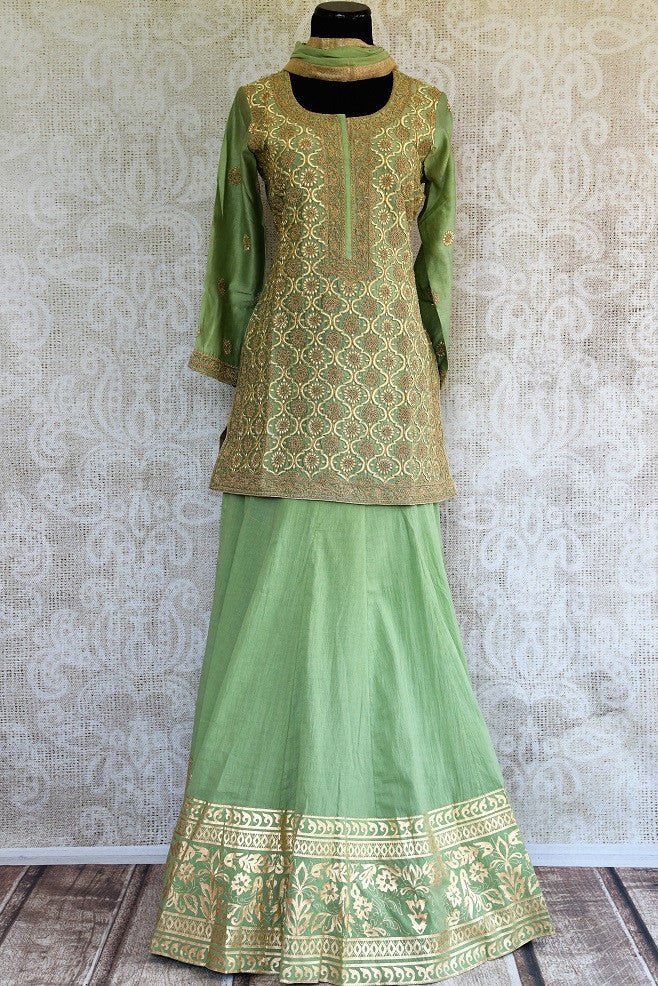 Buy Beautiful Green Chanderi Kurta with skirt online from Pure Elegance or visit our store in USA. Select from exclusive range of designer Indian dresses online in USA.-full view