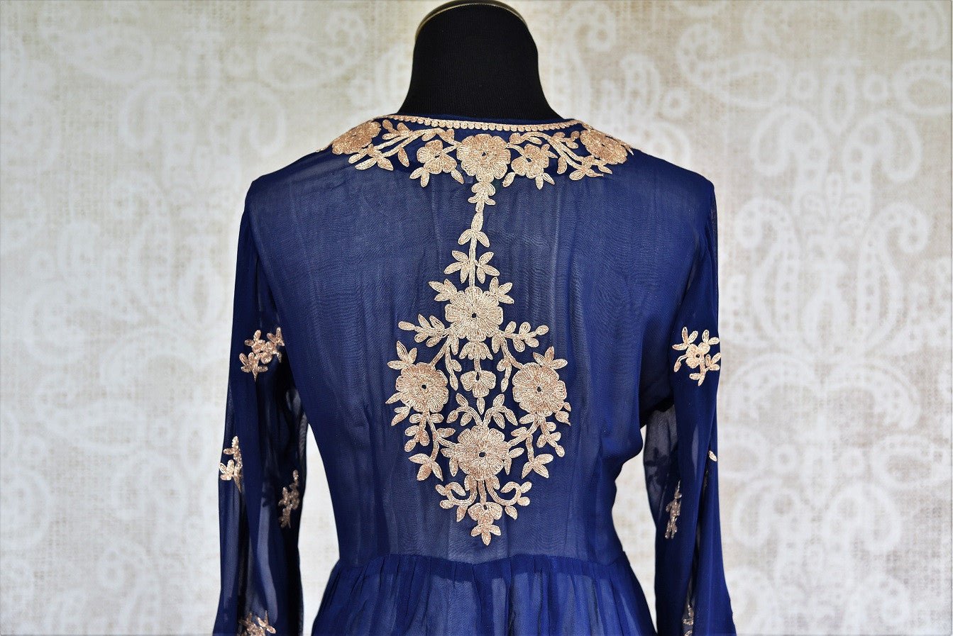 Buy blue chiffon embroidered kurta with chanderi palazzo online from Pure Elegance. Our store brings stylish Indian dresses online for women in USA for every occasion.-back
