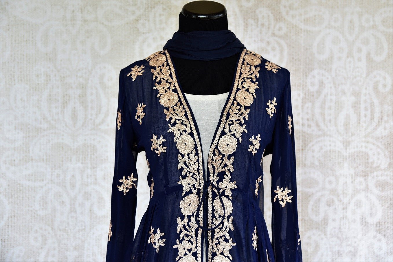 Buy blue chiffon embroidered kurta with chanderi palazzo online from Pure Elegance. Our store brings stylish Indian dresses online for women in USA for every occasion.-front