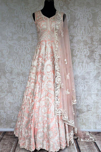 Buy peach floor length Anarkali suit online in USA with chain stitch embroidery. Pure Elegance store brings exquisite range of Indian designer suits online for women in USA.-full view
