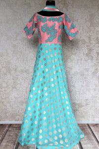 Buy blue and pink zari kota embroidered floor length anarkali online in USA. Pure Elegance brings an exquisite range of Indian Anarkali suits online & in store in USA.-full view