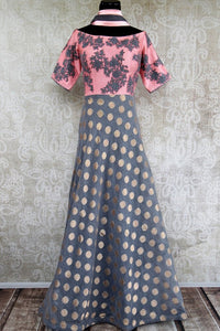 Buy grey and pink zari kota embroidered floor length anarkali online in USA. Pure Elegance brings an exquisite range of Indian Anarkali suits online & in store in USA.-full view