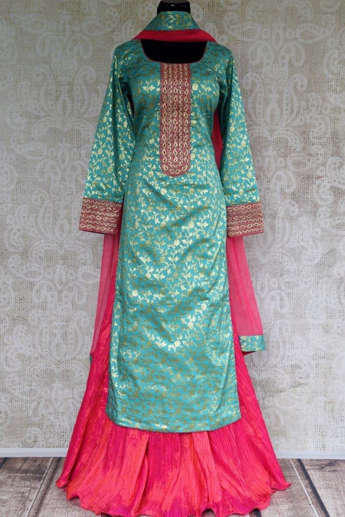 Buy blue Banarasi Kurta with pink skirt online in USA . Pure Elegance store brings exquisite range of Indo western dresses online for Indian women in USA. Shop now.-full view