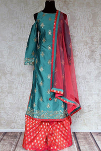 501520 Blue Kundan Work Cold Shoulder Kurta with Red Banarasi Palazzo