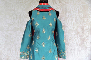 Buy blue kundan work kurta with red Banarasi palazzo online in USA . Pure Elegance store brings exquisite range of Indian dresses online for women in USA. Shop now.-closeup top