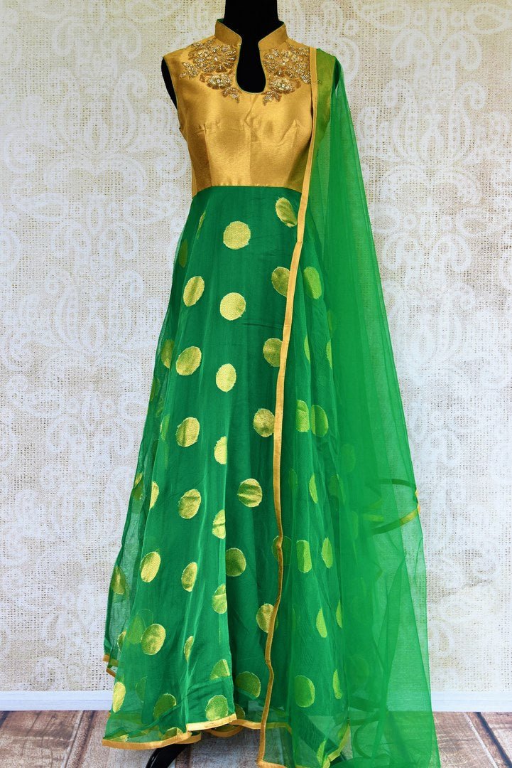 Buy green and gold jute Banarasi embroidered Anarkali suit online in USA. Browse through a stunning range of Indian Anarkali suits at Pure Elegance online store.-full view
