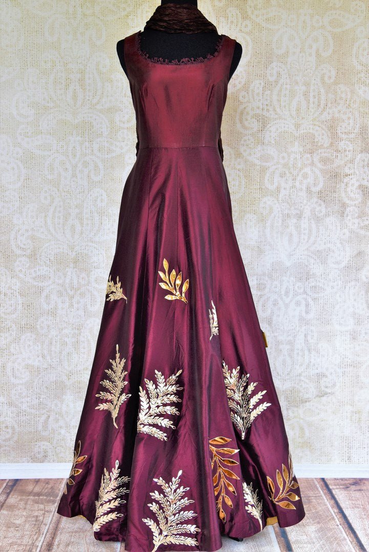 Buy brownish maroon applique silk Anarkali suit online from Pure Elegance with dupatta. Our fashion store brings stunning designer Indian Anarkali suits in USA.-full view