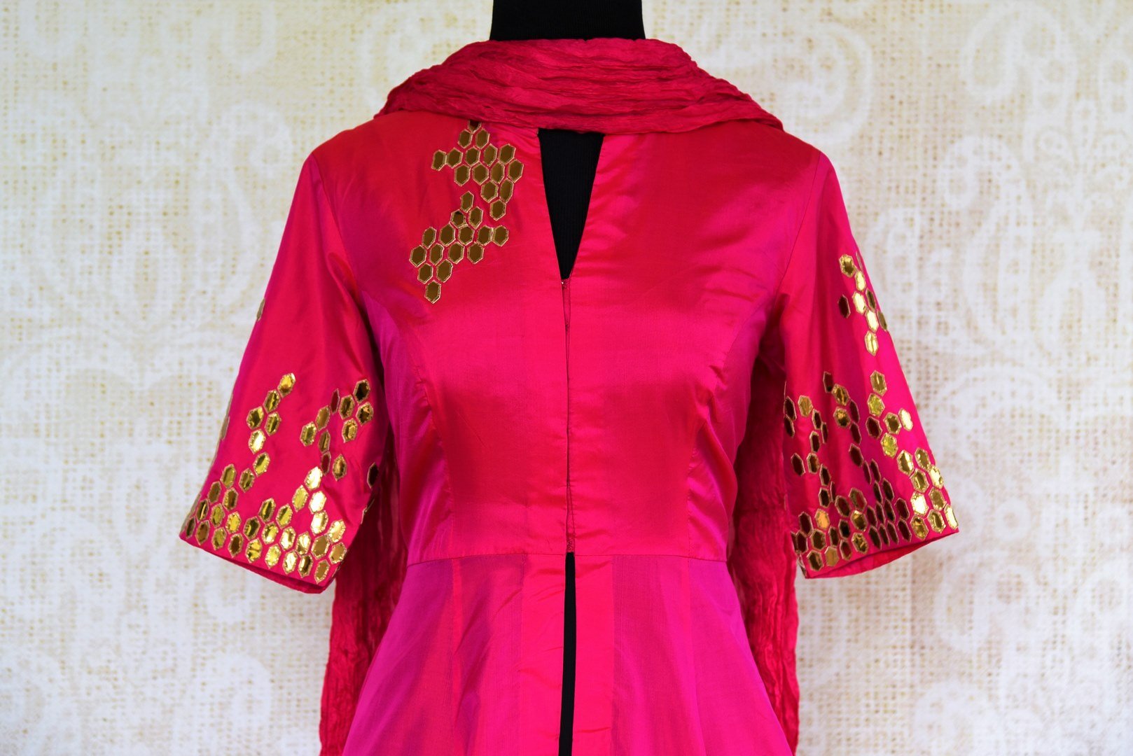 Buy pink and green applique silk palazzo suit online from Pure Elegance with dupatta. Our fashion store brings stunning designer Indian salwar suits in USA for women.-top