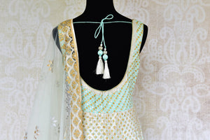 Buy mint green applique silk Anarkali suit online from Pure Elegance with dupatta. Our fashion store brings stunning Indian designer Anarkali suits in USA for weddings.-top back