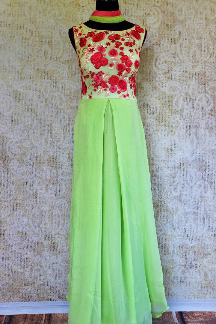 Buy pastel green georgette embroidered Anarkali suit online in USA. Pure Elegance fashion store brings a stunning collection of Indian designer suits in USA for weddings.-full view