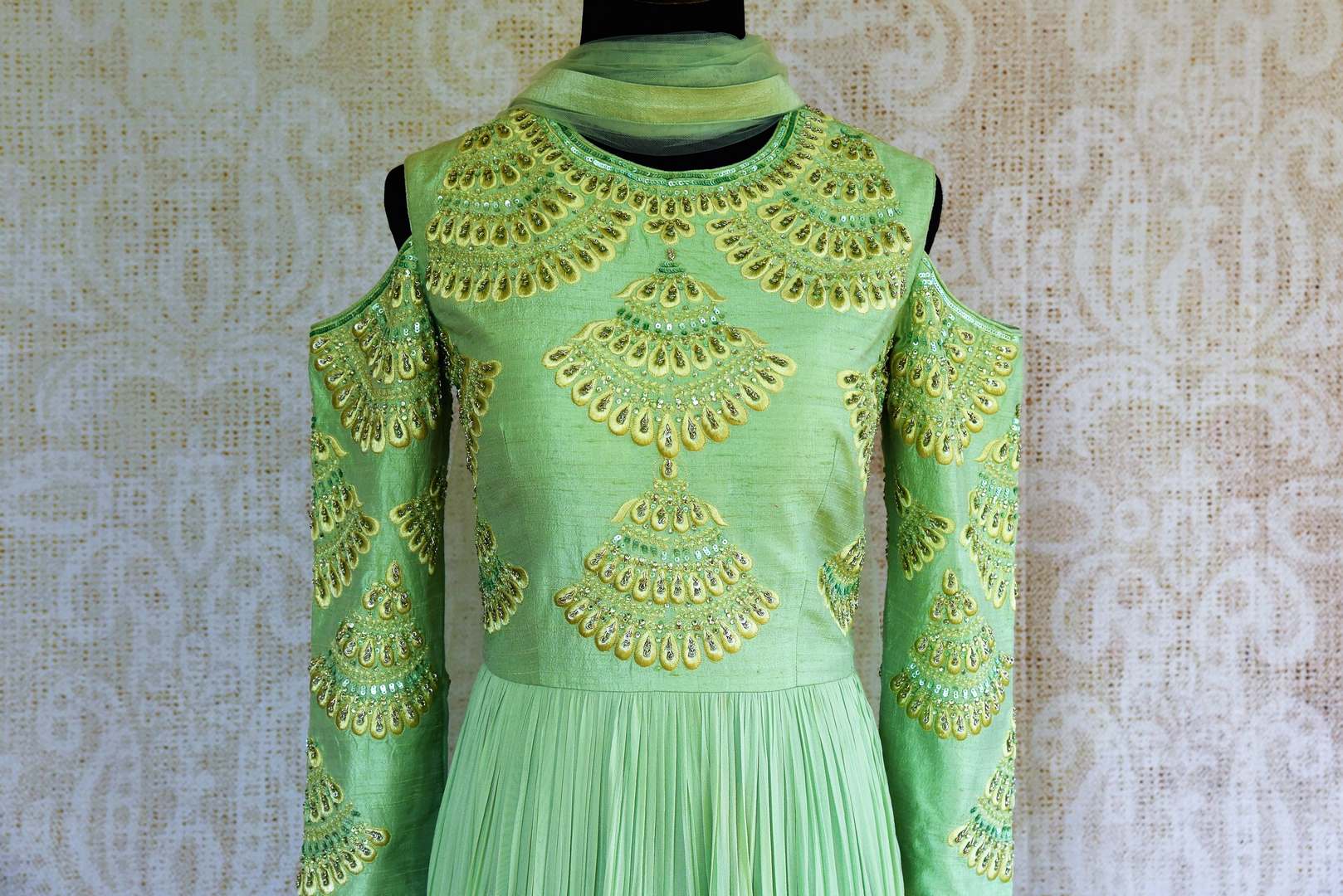 Buy green embroidered georgette and raw silk Anarkali suit online in USA. Pure Elegance store brings exquisite range of  Indian designer Anarkali suits in USA.- top front