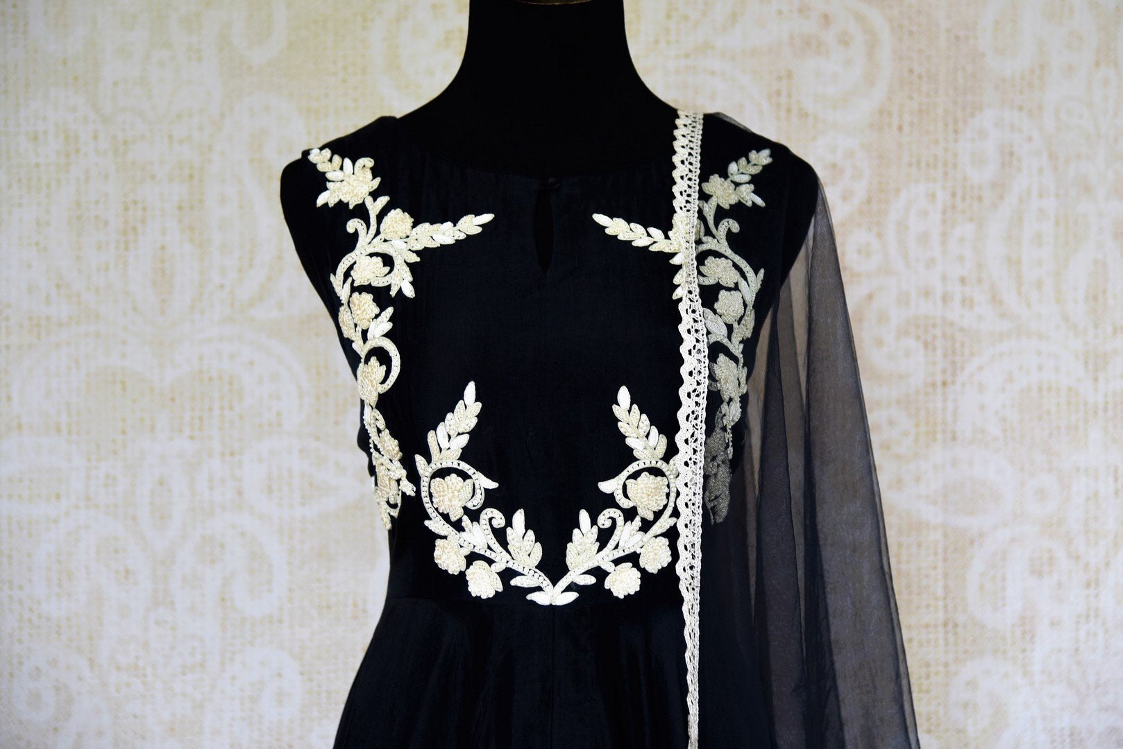 Buy black embroidered chanderi floor length Anarkali suit online in USA. Pure Elegance store brings exquisite range of designer Indian Anarkali suits in USA for every occasion.- top front