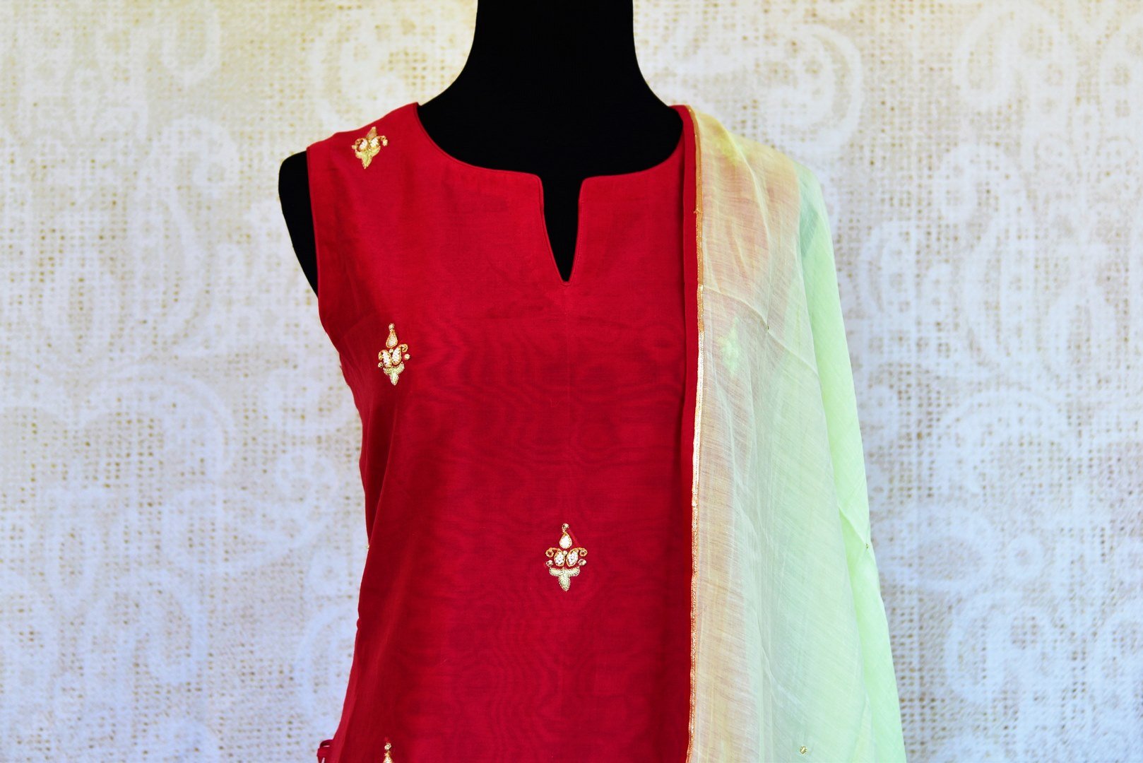 Buy red embroidered suit with palazzo online in USA with dupatta. Pure Elegance fashion store brings an exclusive range of Indian ethnic dresses in USA for women.-top front