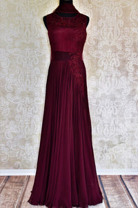 Buy maroon embroidered georgette gown dress online in USA with dupatta. Pure Elegance fashion store brings a stunning range Indian designer dresses in USA for women.-full view